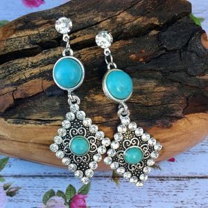 🏷️ Southwest Post Earring Turquoise Faux Stone Clear Crystals Silver Tone